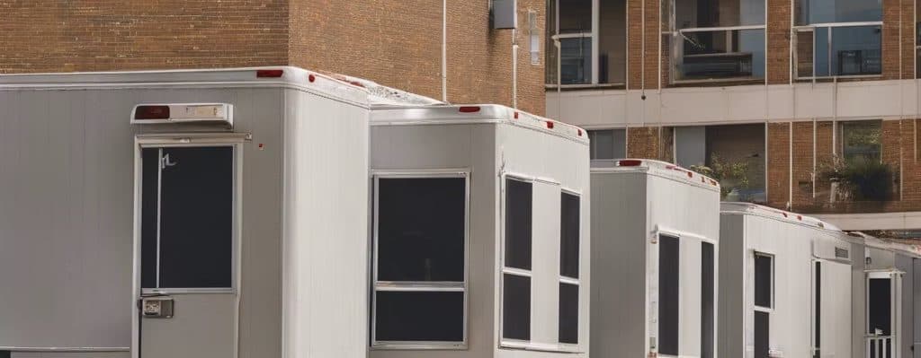 Construction office trailers lined up on a job site