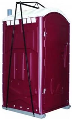 Portable restroom fitted with a steel crane-lift sling for high-rise construction