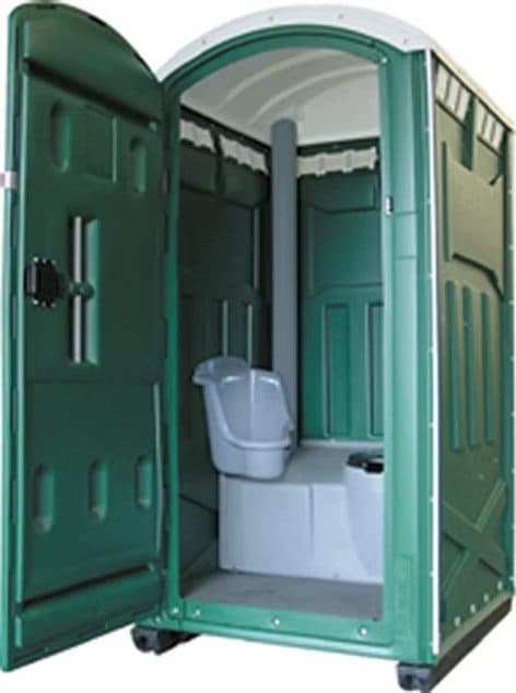 Green portable restroom with the door open showing the interior