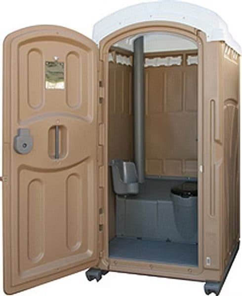 Standard portable restroom with the door open showing the urinal, seat and vent